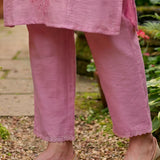 Jashn Light Peach Self Embroidered Satin V-neck Straight Long CO-ord Set