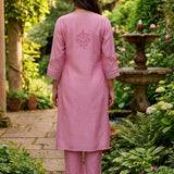 Jashn Light Peach Self Embroidered Satin V-neck Straight Long CO-ord Set