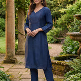 Jashn Denim Blue Self Embroidered Satin V-neck Straight Co-ord Set