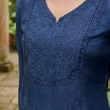 Jashn Denim Blue Self Embroidered Satin V-neck Straight Co-ord Set