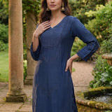 Jashn Denim Blue Self Embroidered Satin V-neck Straight Co-ord Set