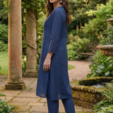 Jashn Denim Blue Self Embroidered Satin V-neck Straight Co-ord Set