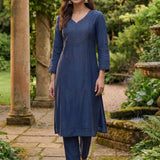 Jashn Denim Blue Self Embroidered Satin V-neck Straight Co-ord Set
