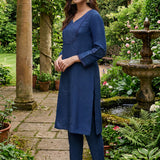 Jashn Denim Blue Self Embroidered Satin V-neck Straight Co-ord Set
