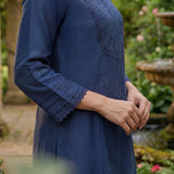 Jashn Denim Blue Self Embroidered Satin V-neck Straight Co-ord Set