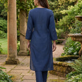 Jashn Denim Blue Self Embroidered Satin V-neck Straight Co-ord Set