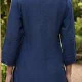 Jashn Denim Blue Self Embroidered Satin V-neck Straight Co-ord Set