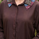 Mira Brown Kutch-work Embellished Satin Collar Shirt