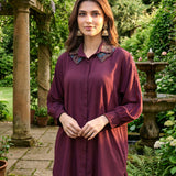 Mira Maroon Kutch-work Embellished Satin Collar Shirt