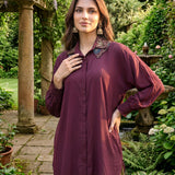 Mira Maroon Kutch-work Embellished Satin Collar Shirt