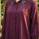Mira Maroon Kutch-work Embellished Satin Collar Shirt