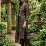Mahika Ink Blue Traditional Printed Viscose Staight Suit Set with Dupatta