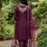 Aarvi Wine Floral Embroidered Suit Set with Dupatta