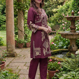 Aarvi Wine Floral Embroidered Suit Set with Dupatta