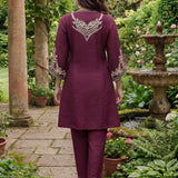 Aarvi Wine Floral Embroidered Suit Set with Dupatta