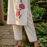 Ulfat Pearl Ivory Embroidered Cotton Linen Long Kurta Set for Women