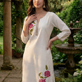 Ulfat Pearl Ivory Embroidered Cotton Linen Long Kurta Set for Women