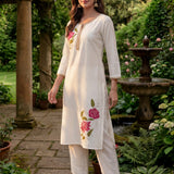 Ulfat Pearl Ivory Embroidered Cotton Linen Long Kurta Set for Women
