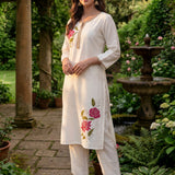 Ulfat Pearl Ivory Embroidered Cotton Linen Long Kurta Set for Women