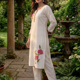 Ulfat Pearl Ivory Embroidered Cotton Linen Long Kurta Set for Women