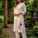 Ulfat Pearl Ivory Embroidered Cotton Linen Long Kurta Set for Women