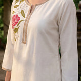 Ulfat Pearl Ivory Embroidered Cotton Linen Long Kurta Set for Women