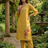 Ulfat Sunflower Yellow Embroidered Cotton Linen Long Kurta Set for Women