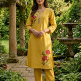 Ulfat Sunflower Yellow Embroidered Cotton Linen Long Kurta Set for Women