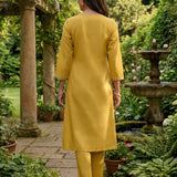 Ulfat Sunflower Yellow Embroidered Cotton Linen Long Kurta Set for Women