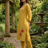 Ulfat Sunflower Yellow Embroidered Cotton Linen Long Kurta Set for Women