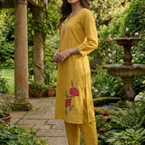 Ulfat Sunflower Yellow Embroidered Cotton Linen Long Kurta Set for Women