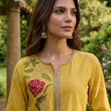 Ulfat Sunflower Yellow Embroidered Cotton Linen Long Kurta Set for Women