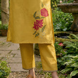 Ulfat Sunflower Yellow Embroidered Cotton Linen Long Kurta Set for Women