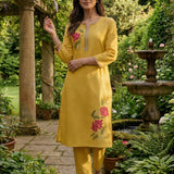 Ulfat Sunflower Yellow Embroidered Cotton Linen Long Kurta Set for Women