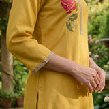 Ulfat Sunflower Yellow Embroidered Cotton Linen Long Kurta Set for Women
