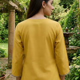 Ulfat Sunflower Yellow Embroidered Cotton Linen Long Kurta Set for Women