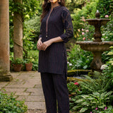 Nazneen Navy Blue Abstract Printed Asymmetrical Hem Straight Mid Co-ord Set