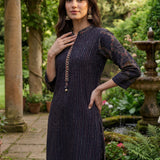 Nazneen Navy Blue Abstract Printed Asymmetrical Hem Straight Mid Co-ord Set