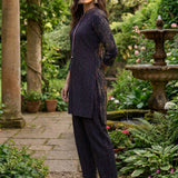 Nazneen Navy Blue Abstract Printed Asymmetrical Hem Straight Mid Co-ord Set