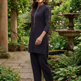 Nazneen Navy Blue Abstract Printed Asymmetrical Hem Straight Mid Co-ord Set