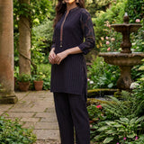 Nazneen Navy Blue Abstract Printed Asymmetrical Hem Straight Mid Co-ord Set