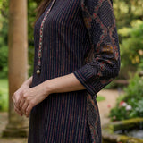 Nazneen Navy Blue Abstract Printed Asymmetrical Hem Straight Mid Co-ord Set
