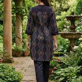 Nazneen Navy Blue Abstract Printed Asymmetrical Hem Straight Mid Co-ord Set
