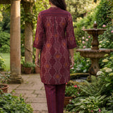 Nazneen Fuchsia Abstract Printed Asymmetrical Hem Straight Mid Co-ord Set