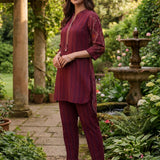 Nazneen Fuchsia Abstract Printed Asymmetrical Hem Straight Mid Co-ord Set