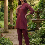 Nazneen Fuchsia Abstract Printed Asymmetrical Hem Straight Mid Co-ord Set