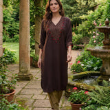 Rangrez Chocolate Brown Satin Zari Embroidered Kaftan