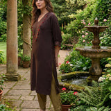 Rangrez Chocolate Brown Satin Zari Embroidered Kaftan