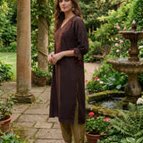 Rangrez Chocolate Brown Satin Zari Embroidered Kaftan