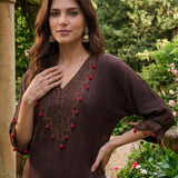 Rangrez Chocolate Brown Satin Zari Embroidered Kaftan